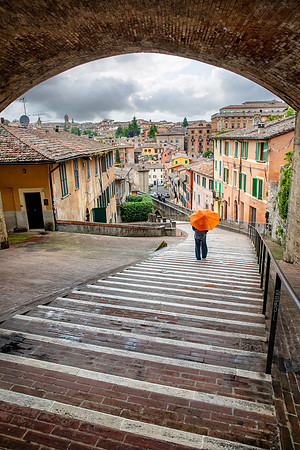 Perugia Stairs Lone Man with Orange Umbrella